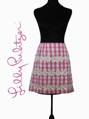 Lilly Pulitzer Pink & White Gingham Skirt with Appliqued Daisies Size 14
